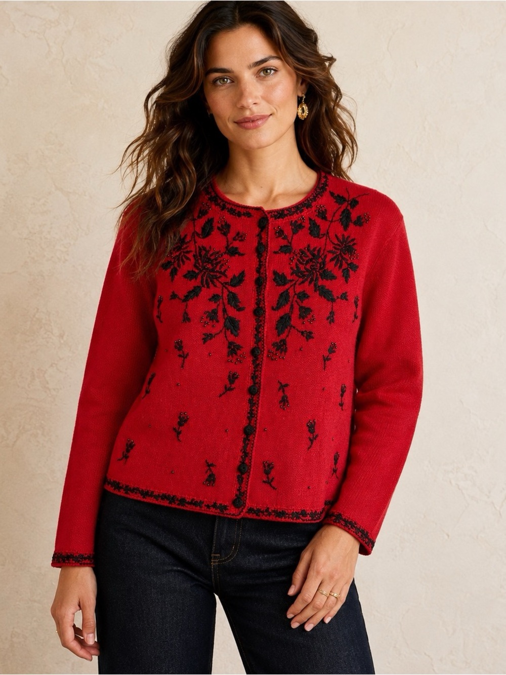 Vintage Romantic Tiara Embroidered Beaded Cardigan Red Black Floral